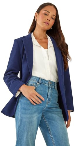 Roman Petite Textured Buttoned Blazer for Women UK - Ladies Everyday Autumn Winter Revered Collar Comfy Soft Evening Vacation Work Party Night Out - Petite Navy - Size 16