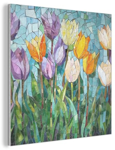 MuchoWow© Filzbilder Wanddeko Wohnzimmer Aesthetic Room Decor Deko Zimmer | 90x90 cm - Wandbilder Modern Bild aus Filz Mosaik - Feld - Tulpen - Bunt