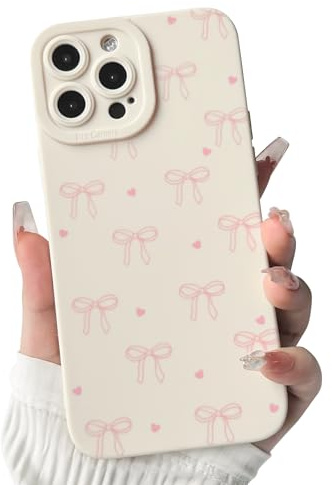 NITITOP Compatible with iPhone 12 Pro Max Case Cute Bow Ribbon Love Heart Pattern Aesthetic Bowknot Design for Women Girls White Back Soft TPU Shockproof More Protective Cover - Pink
