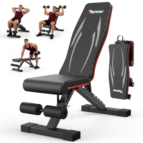 PASYOU Hantelbank Klappbar mit Rückenlehne 300kg Belastbarkeit, Verstellbar Multifunktions Trainingsbank Schrägbank für Ganzkörperworkout, Fitness Bank mit Griffen für Hause Fitnessstudio (PA350)