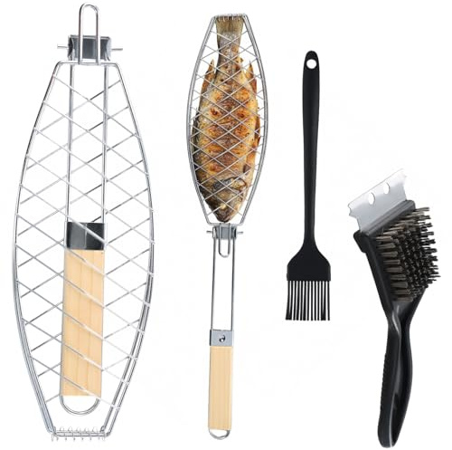 Grille Barbecue pour Poisson, 35,5x12cm, Poignée Amovible et Pliable, Maille Anti-Adhésive, Panier Barbecue Acier Inoxydable avec Pinceau Huile et Brosse Nettoyage, pour Légumes Crevettes Steak Viande