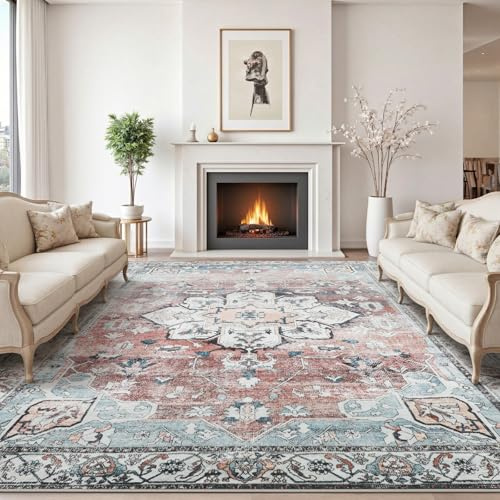 Sour Lemon Vintage Teppich Wohnzimmer 200X300cm Rot Schlafzimmer Carpet | Orientalischer Retro Boho Kurzflor Flauschig Waschbar Großer Teppiche Gegend Modern Rutschmatte für Kinderzimmer Esszimmer
