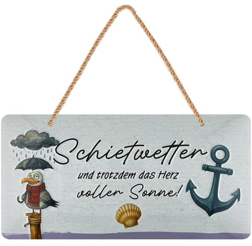 LANOLU retro Blechschild, Schietwetter Schild mit Möwe und Regenschirm, maritime Ostsee Deko für Zuhause, lustiges Moin Deko Schild mit Jutekordel, 16x32 cm