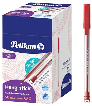Pelikan Hang Stick Kugelschreiber Rot, 50er Pack, 1 mm Spitze, ergonomischer Dreikant-Griff, mit Clip & Aufhängeschlaufe