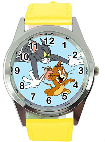 Taport® Tom und Jerry Quarz-Armbanduhr, rund, SCI FI, echtes Lederband, inklusive Ersatzakku und Geschenkbeutel, Gelb