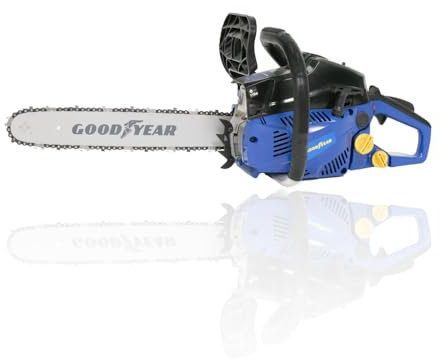 Goodyear – Motosierra Gasolina de Poda 1.300W. Motosierra Pequeña Poda 40,5cc 2 Tiempos. 12.500 rpm Régimen Máximo. Easy Start AutoChoke. Longitud Espada 40cm. Paso Cadena 0,32’’. Depósito 550ml