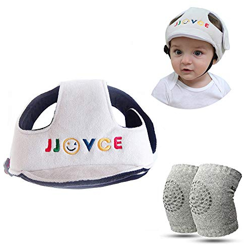 Baby Infant Schutzhelm Kopfschutzhut Verstellbarer Sicherheitskopfschutz mit krabbelnden Knieschützern für Kleinkinder Anti-Rutsch-Babyknieschutz - Baby Creep Gehschutzset, Grau