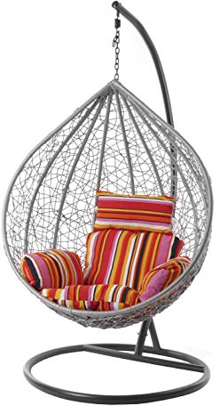 Kideo® Komplettset: großer Hängesessel mit Gestell & Kissen, Lounge Möbel, Poly-Rattan, XXL, grau (Kissen: gestreift Nest (3450 Lollipop))