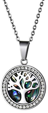OIDEA Collar para hombre con colgante de círculo del árbol de la vida, cadena de trigo de acero inoxidable, color plateado y negro, Zirconia cúbica