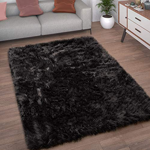 Paco Home Kunstfell Fellteppich Imitat Teppich Hochflor Sitzkissen Herzform Rund Fell Form, Grösse:120x170 cm, Farbe:Schwarz