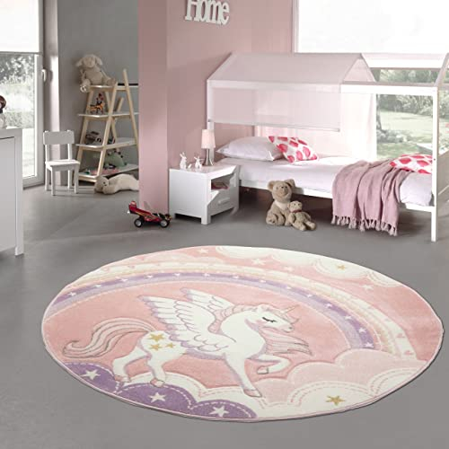 Teppich-Traum kreisförmiger Kinderzimmer Spielteppich • langlebig • Einhorn Regenbogen Wolken Creme rosa, Größe 160 cm rund