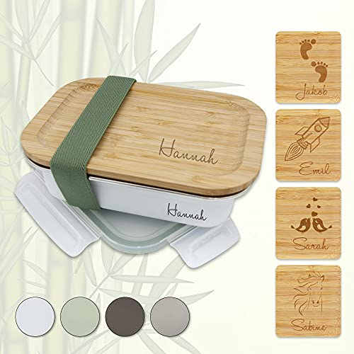 sprengers – Personalisierbare Brotdose aus Edelstahl – nachhaltige & auslaufsichere Brotbox – Lunchbox mit individueller Gravur mit Namen und Motiv - mit Trennsteg (Weiß, 1200 ml)