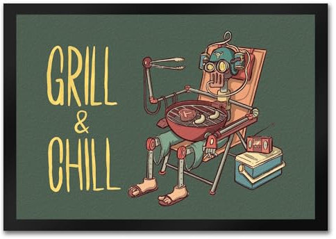 speecheese Fußmatte in 35x50 cm mit Grillmeister Motiv - Retro Grillroboter mit Spruch: Grill & Chill mit Roboter im Gartenstuhl und Grillschale auf dem Schoß als Geschenk zur Eröffnung der