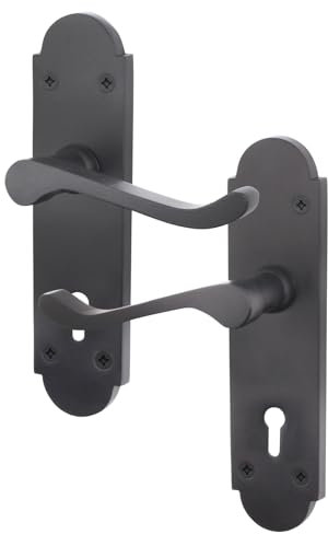 EAI Black Door Handles for Key Lock - Victorian Scroll Shaped | 1 Pair of Internal Matt Black Lever Lock Handles on Backplate