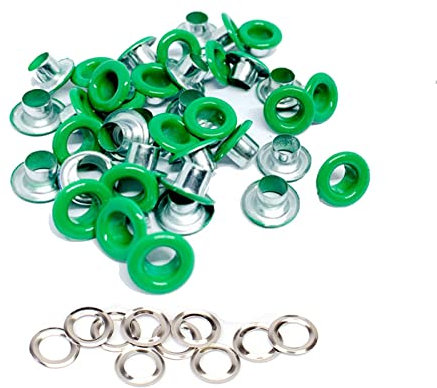 Set di 100 occhielli e rondelle, antiruggine, per abbigliamento, teloni, pelle e album di ritagli (verde, 6 mm)
