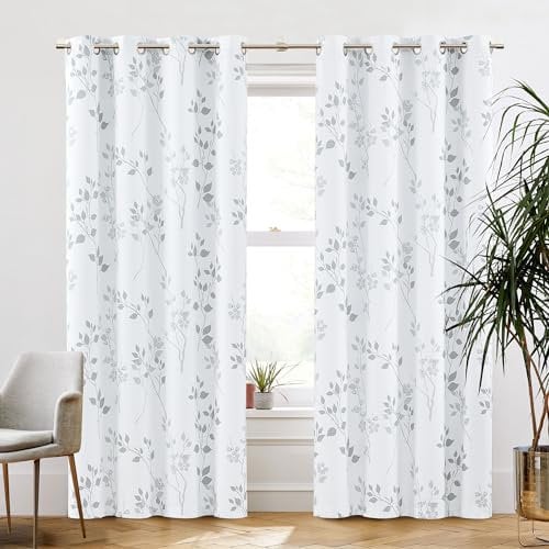 Beauoop Grey Floral Blackout Curtains for Living Room Bedroom 90 Inch Drop Leaf Print Eyelet Curtain Botanical Thermal Insulated Noise Reducing Drapes Window Treatment Sets 2 Panels