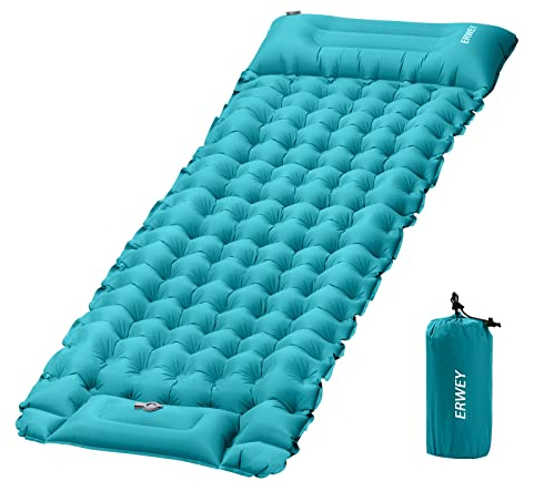 ERWEY Camping Isomatte selbstaufblasend 200x70 cm Aufblasbare Luftmatratze mit Fußpumpe & Kissen Wasserdicht Isomatte Camping Luftmatratze Aufblasbare Matratze Outdoor für Wandern Strand Zelt,Cyan