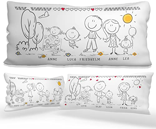 personalisiertes Kissen - Familie - Kinder, Eltern, Oma, Opa, Hund Katze Personalisiert mit Strichmännchen und Wunschname 80x40 cm