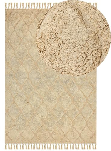 Teppich Baumwolle beige mit Fransen geometrisches Muster 160 x 230 cm Sanliurfa