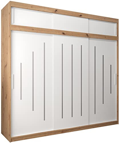 Kryspol Schwebetürenschrank York 250 cm Kleiderschrank mit Kleiderstange und Einlegeboden Schlafzimmer- Wohnzimmerschrank Schiebetüren Modern Design (Artisan Eiche + Weiß mit Erweiterung)