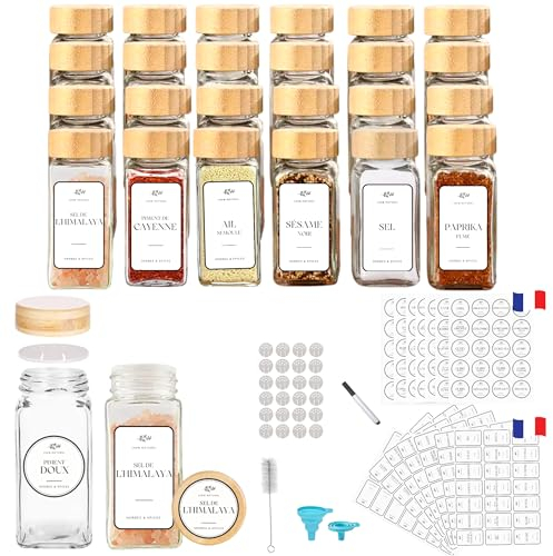 PASSION GATEAU 12 bocaux à épices carrés en verre 120 ml avec couvercle en bambou à visser pour rangement des épices cuisine avec 287 étiquettes, feutre, entonnoir et brosse de nettoyage