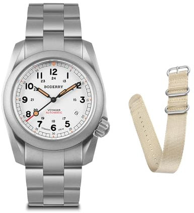 BODERRY Montre militaire automatique en titane pour homme 40 mm Fonction jour Date Étanche jusqu'à 100 m Bracelet en titane Mouvement mécanique japonais et couronne vissée, blanc, Sports de plein air