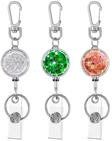 bolimoss Retractable Keychain for Badge Holder Metal Badge Reel with Carabiner Clip Key Ring, Glittery Retractable Badge Holders for Nurse,Volunteer,Teacher,Student (3 Pack Bling Pink, Silver, Green)