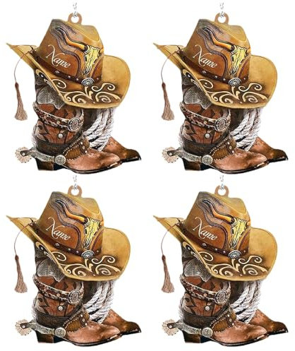Jinshining 4 Stück Cowboystiefel hängende Ornamente für Weihnachtsbaum, Auto-Rückspiegel-Zubehör, personalisierte Cowboystiefel und Hüte, flaches Acryl, zum Aufhängen