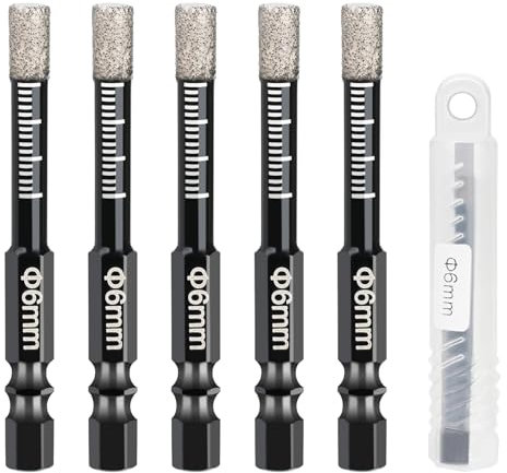 Nutmanel 5 Pcs 6mm Diamond Drill Bits, Dry Diamond Drill Bits, Porcelain Tile Drill Bits Set, 1/4 Hex Shank Diamond Dry Tipped Drill Bits Set for Granite, Ceramic, Marble, Tile, Glass, Hard Materials