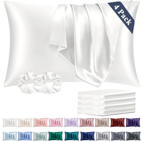 Vielit Satin Pillowcase for Hair and Skin Cooling,Soft as Silk Pillowcase for Hair and Skin,Easier Care than Silk Pillow Cases 4 Pack White Ivory 50x75cm Gifts for Women Envelope & 2 Scrunchies