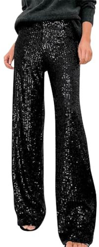 IMEKIS Damen Pailletten Hosen Elastische hohe Taille Breite Bein Hosen Einfarbige Lose Lange Hosen Sparkly Festlich Rave Party Tanzhosen Y2K Hosen Disco Nacht Clubwear Schwarz M