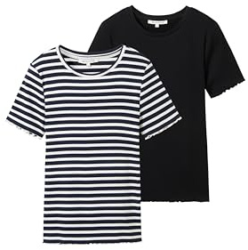 TOM TAILOR Denim Damen Basic T-Shirt im Doppelpack,36998 - Dark Blue White Stripe, XS