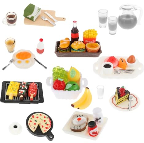 Amabro Miniatur Essen und Trinken, 50 teiliges Harz Lebensmittel Spielzeug Set 1:12 Puppenhaus Puppenzubehör Spielgeschirr Mini Küche kleine puppenhaus zubehör für Mädchen Jungen Essen Party