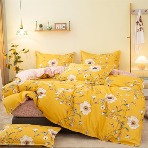 Odot Fleurs Parure de Lit 4 Pieces, Ensemble de Literie avec Housses de Couettes, Drap Plat et Taies D'oreillers, Set de Housse de Couette pour 1~2 Personnes (Fleurs Jaunes,220x240cm)