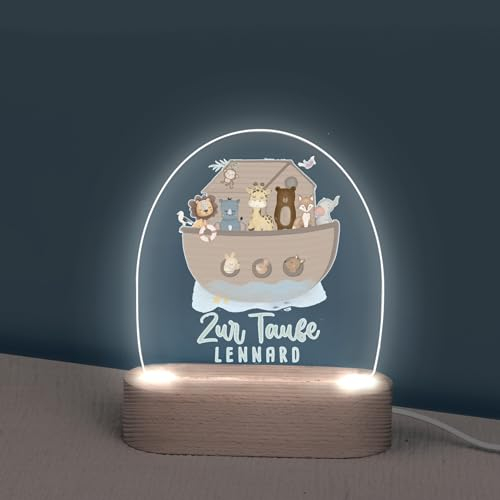 hellomini Personalisiertes Taufgeschenk Nachtlicht Baby - Geschenk zur Taufe für Mädchen und Jungen - Taufe Geschenk - Stilllicht - Schlummerlicht, (Arche Noah, Mit USB-Stecker)