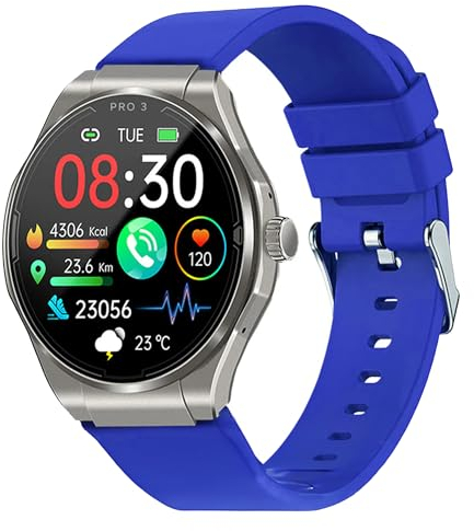 Knauermann PRO 3 (2024) Silber - Gesundheitsuhr Smartwatch mit Telefoniefunktion - EKG + HRV und SOS Funktion - AMOLED Display- BT Bluetooth - Schlafapnoe - Silikonband Blau, 14-24, rund