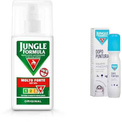 JUNGLE FORMULA Molto Forte Spray Antizanzare, Repellente Per Insetti 75 ml + Jungle Formula Penna dopo Puntura, Roll On Anti Prurito con Azione Lenitiva Duratura,15 ml