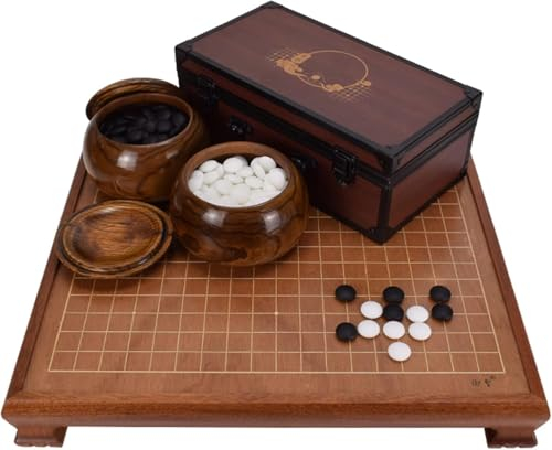 Holz-Go-Tischset 19X19 geätztes Brett - doppelt Konvexe Steine - Massivholzschalen - Aufbewahrungsbox aus Aluminiumlegierung, klassisches chinesisches Strategie-Brettspiel