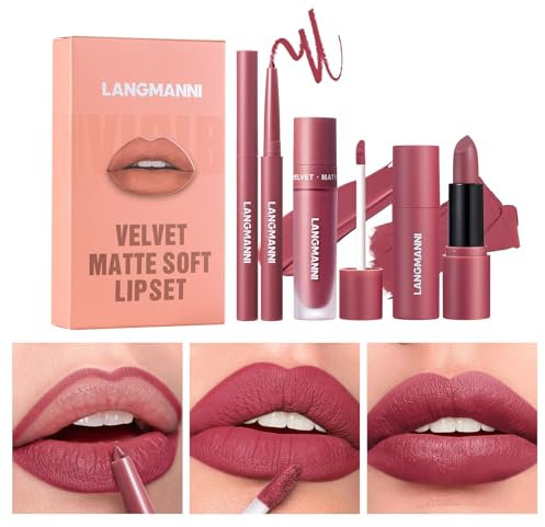 3 in 1 Matte Samt-Lippenstift-Set, 3Pcs Matte Lippenstift + Matte Flüssig-Lippenstift + Lip Liner Set, Samtiger Lippenstift Lang anhaltender Lipgloss Make Up Geschenkset (#05, 1er-Packung)