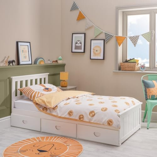 Home Treats Low-Sleeper Single White Wooden Bed Frame With Drawers | Pine White Wood Bed With 3 Storage Drawers For Adults Kids Teenagers (No Mattress)