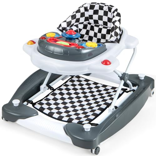 Maxmass 6-in-1 Baby Walker, Infant Activity Center with 3 Adjustable Heights, Light, Music, Wheels, Padded Seat, Rocker Mode and Food Tray, Foldable Toddler Push Along Walker for 6-18 Months (Grey)