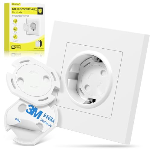 ECHOCUBE Set di 20 Copri Prese, Protezioni di Sicurezza Prese Elettriche per Bimbi con Meccanismo di Rotazione e Nastri Adesivi 3M Resistenti, Copri Prese per Casa, Scuola, Nido, Asilo (Blanc)