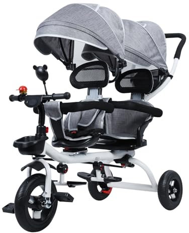 CUSROS Tandem-Trike Dreirad für Kinder 2-8 Jahre, Grau mit Baldachin, Doppelsitz und Glocke, für Vorschule, Spielplatz, Kindertagesstätte, Trolley Trike Tandem Kinderwagen, 98 cm x 55 cm x 118 cm