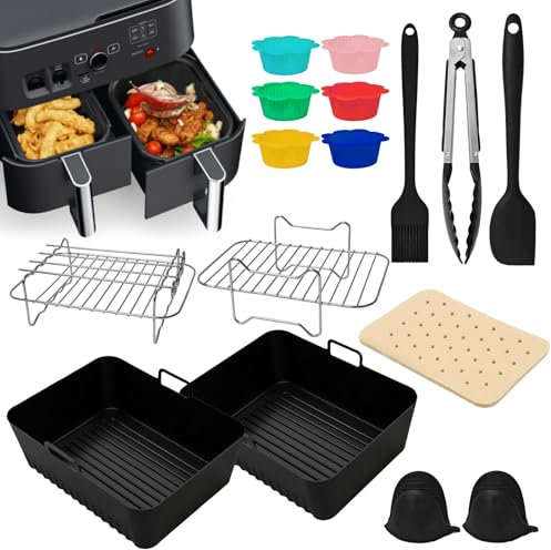 LUCKNIGHT Hot Air Fryer Accessories, Dual Zone Hot Air Fryer Accessories for Ninja Foodi AF300eu, AF400eu, Multicooker for 7.6L-9.5L Hot Air Fryer, with Air Fryer Silicone Mat, Grill Racks, etc