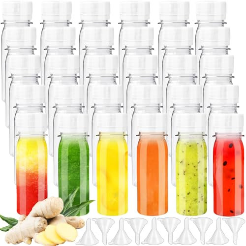Haawooky 30 Pcs 2oz Small Plastic Shot Bottles with White Caps,Round Juice Bottles with 10 Funnels,Reusable Clear Beverage Containers for Drink Milk Beer Coffee Liquid