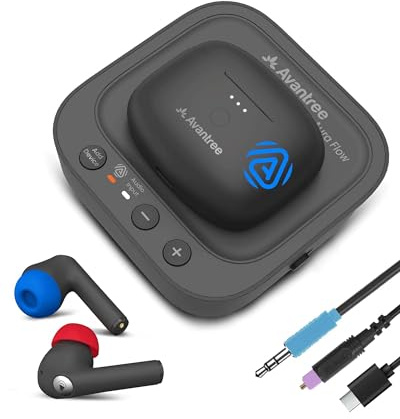 Avantree Aura Focus Auracast - Auriculares in-ear TV con transmisor | Sonido de TV y llamadas telefónicas, aumento de volumen, estación de carga y conector óptico y AUX para personas mayores