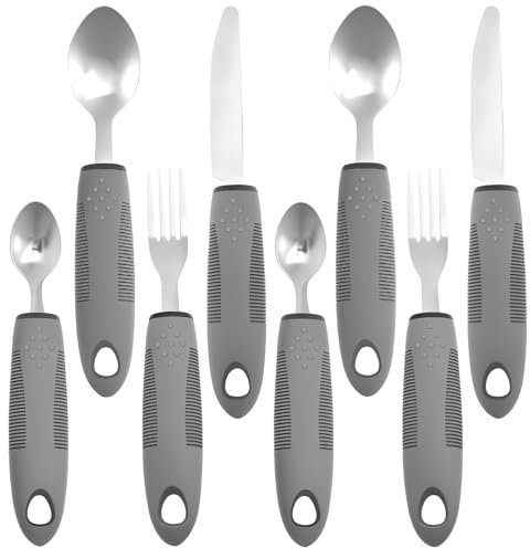 8Pcs Adaptive Utensil Set,Stainless Steel Cutlery,Grey Easy Grip Handles for Arthritic Hands,Dining Aids with Knife Fork Spoon for Elderly Disabled Arthritis Parkinson Disease Tremors