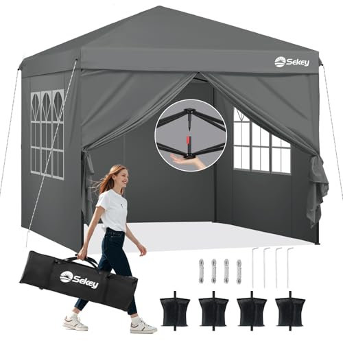 Sekey One-Touch Pop Up Pavillon 3x3 Wasserdicht Stabil Winterfest mit Seitenteile, Faltpavillon 3x3m mit Verdickten Röhren,Grau