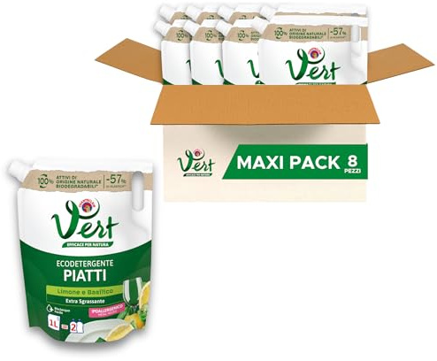 Vert - Ecodetergente Piatti - Fragranza Limone e Basilico, 100% Origine Naturale, Funzione Extra Sgrassante e Risciacquo Facile, Ipoallergenico, Adatto anche a Pelli Sensibili - 8 Flaconi da 1000ml