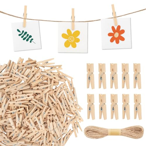 360 x Mini Holzklammern, 25mm Kleine Wäscheklammern mit 10M Jute Twine | Kleine Klammern aus Holz, Mini Holzwäscheklammern für DIY Fotohalter Kartenhalter Hochzeit